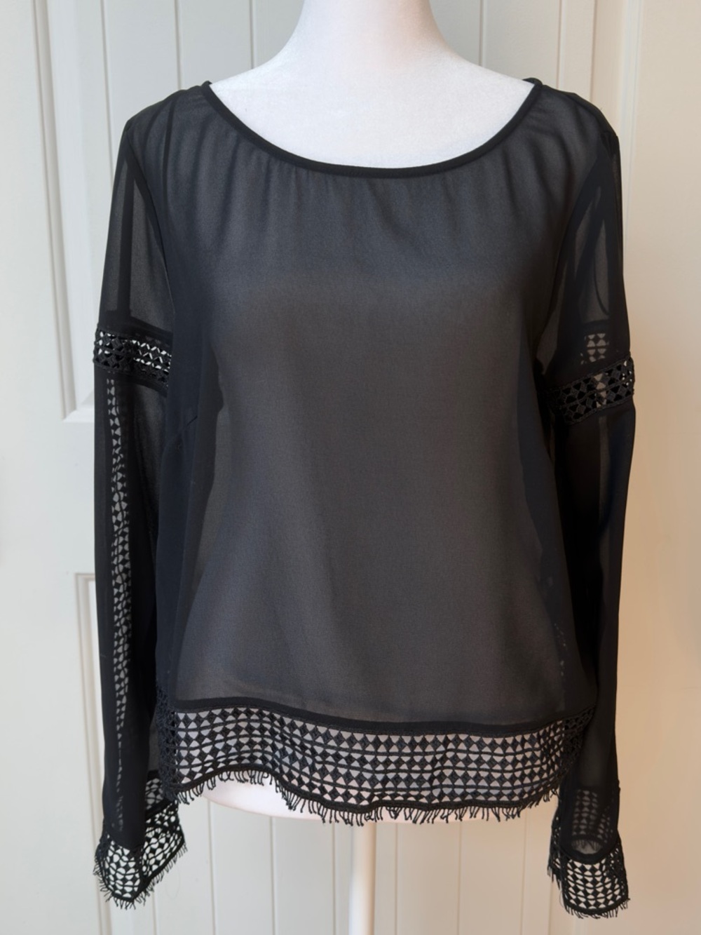 H&M Women’s Sheer Lace Trimmed Blouse Black Size US 12 | Whimsical Cottagecore